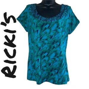 Ricki’s Greeb/Blue Printed Short Sleeve Beaded Top Size M